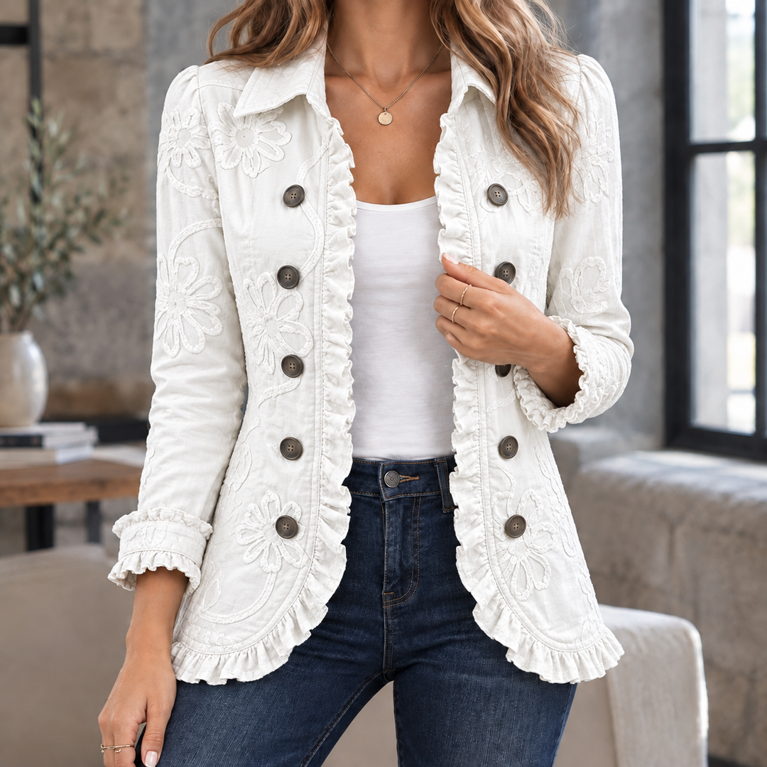 Women's Ruffle-Trim Fitted Jacket with Double Buttons Maude – Ivory Embroidered – front