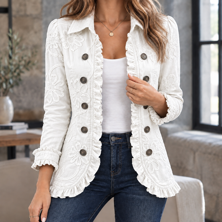 Women's Ruffle-Trim Fitted Jacket with Double Buttons Maude – Ivory Embroidered – front