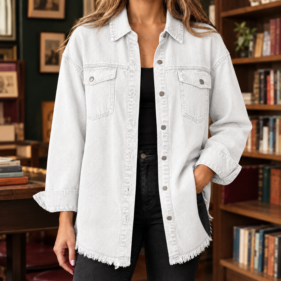 Women's Longline Denim Shacket with Frayed Hem Sloane – White – front