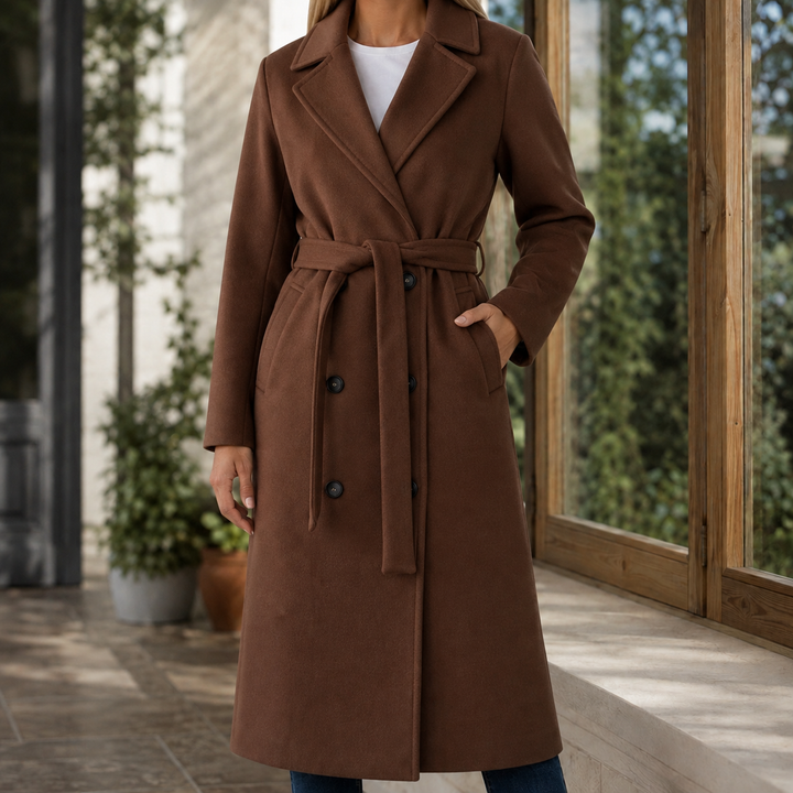 Lymington women's belted overcoat in Brown – front view