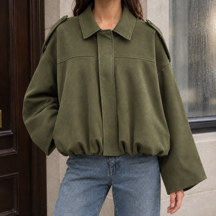 Lamberhurst women's suede-effect bomber jacket in Khaki Green – front view