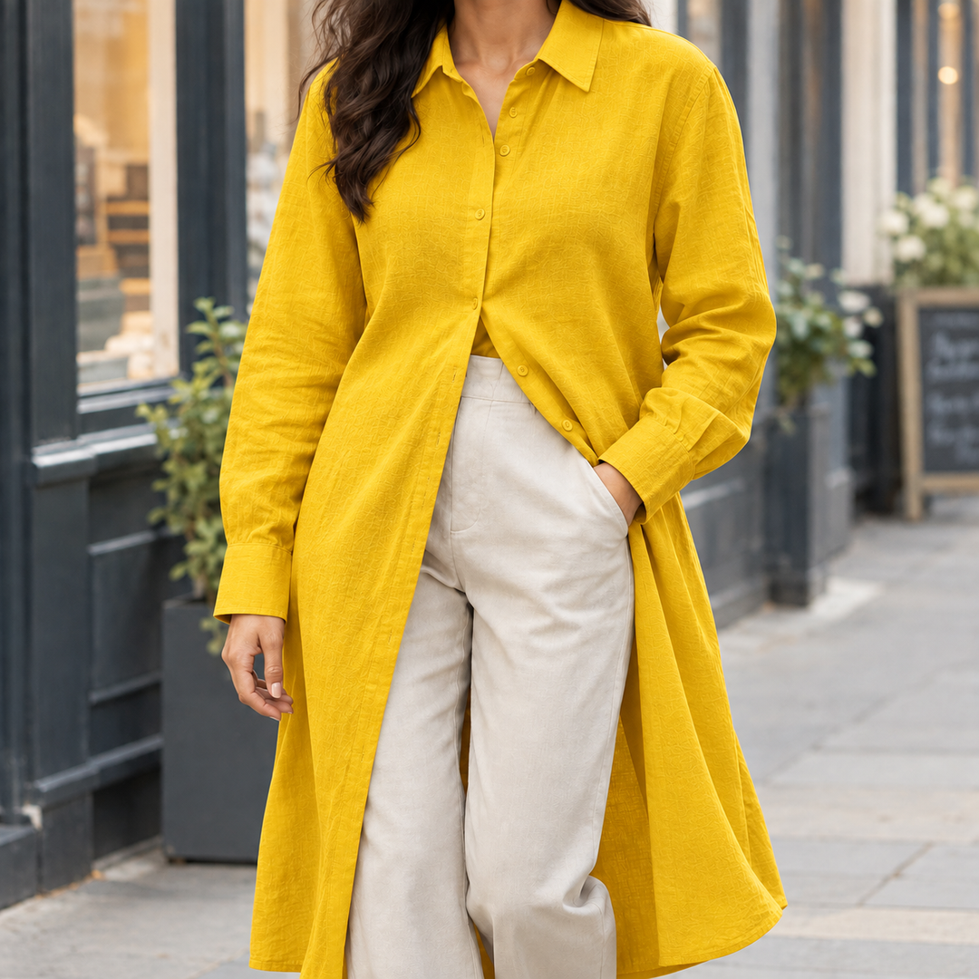 Women's Longline Midi Button-Up Shirt Idalia – Yellow – front