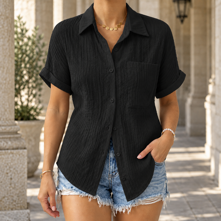 Women's Crinkle Textured Short Sleeve Button-Up Shirt Cosima – Black – front