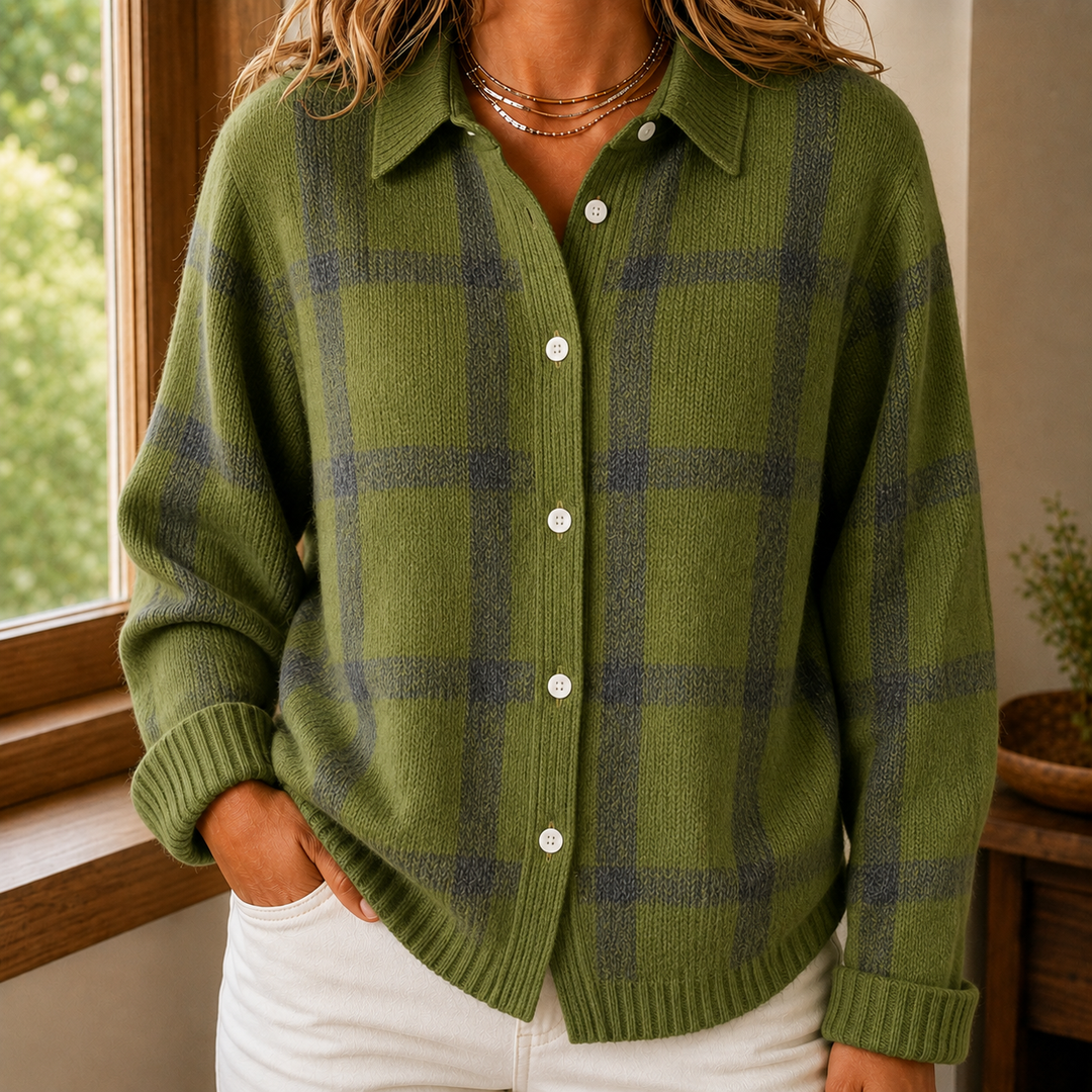 Aelwen - Women's check collared cardigan in Green – front view
