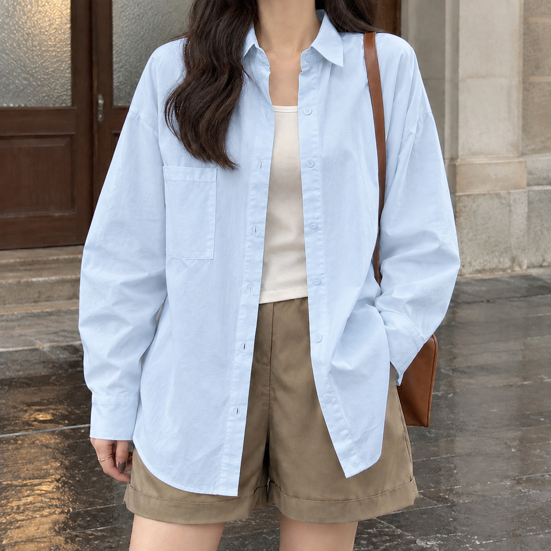 Women's Oversized Button-Up Shirt with Chest Pocket Lucasta – Sky Blue – front
