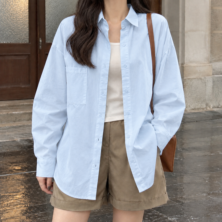 Women's Oversized Button-Up Shirt with Chest Pocket Lucasta – Sky Blue – front