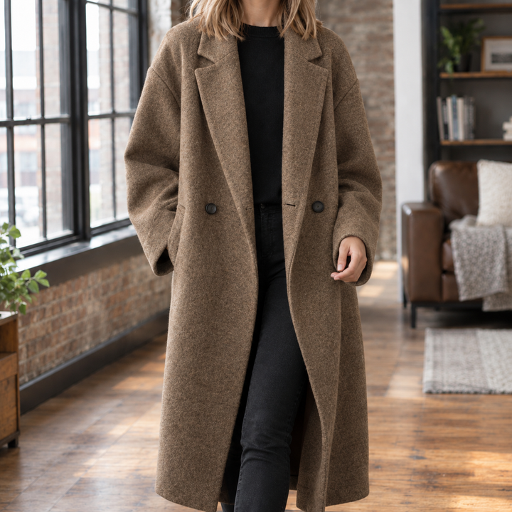 Women's Oversized Double-Breasted Wool-Blend Longline Coat Harrogate – Brown – front