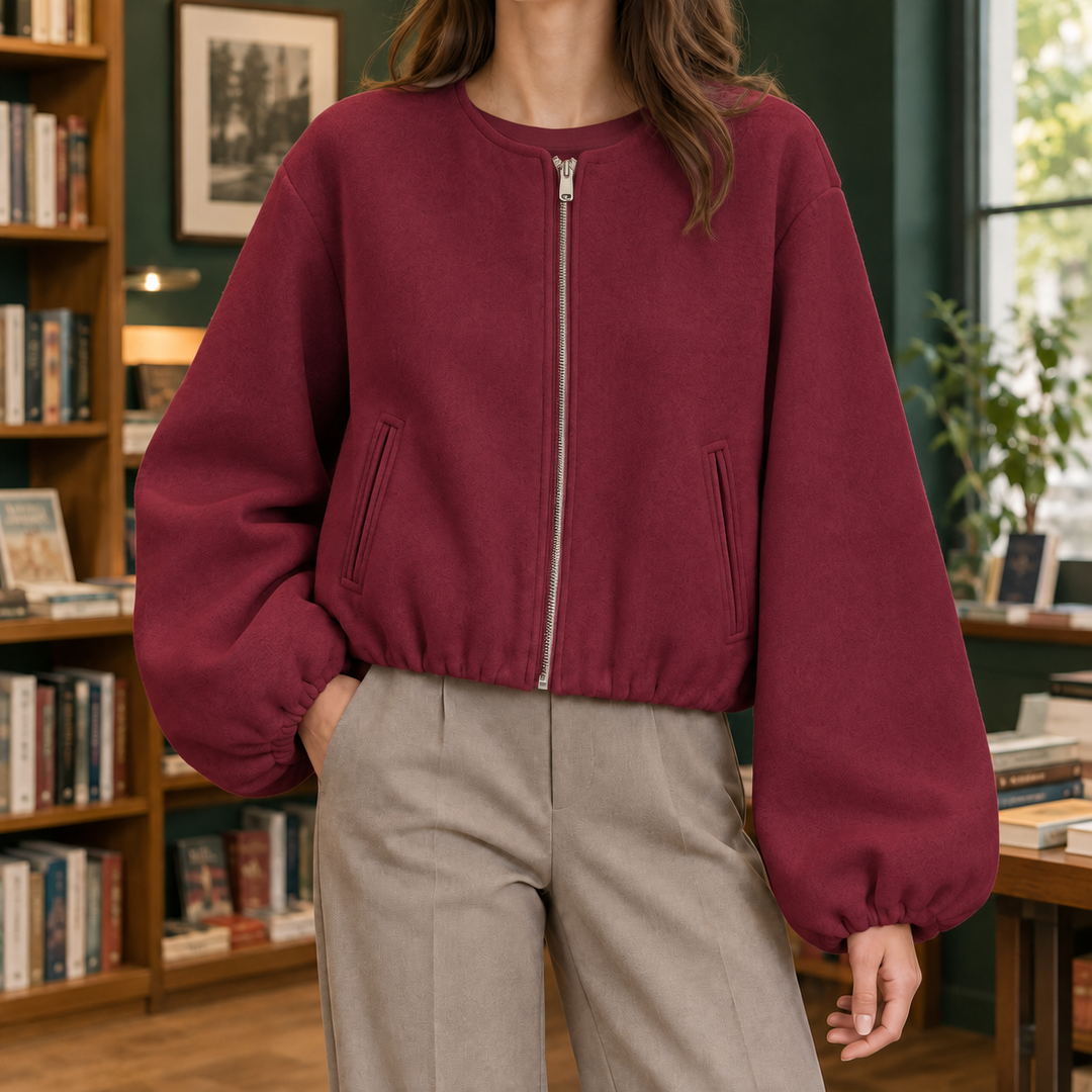 Beccles women's cropped bomber jacket in Burgundy – front view