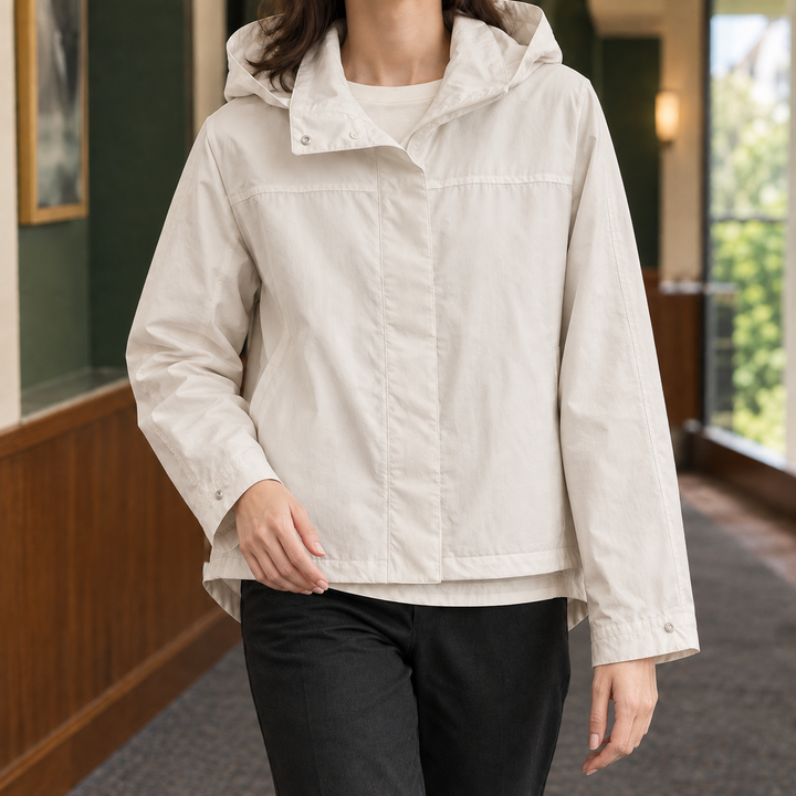 Uppingham women's hooded jacket in Beige – front view