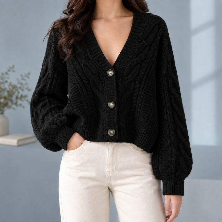 Ysella - Women's cropped cable knit cardigan in Black – front view