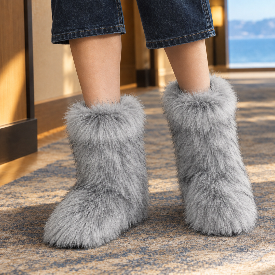 Buttermere women's fluffy plush mid-calf boots in Light Grey – front view