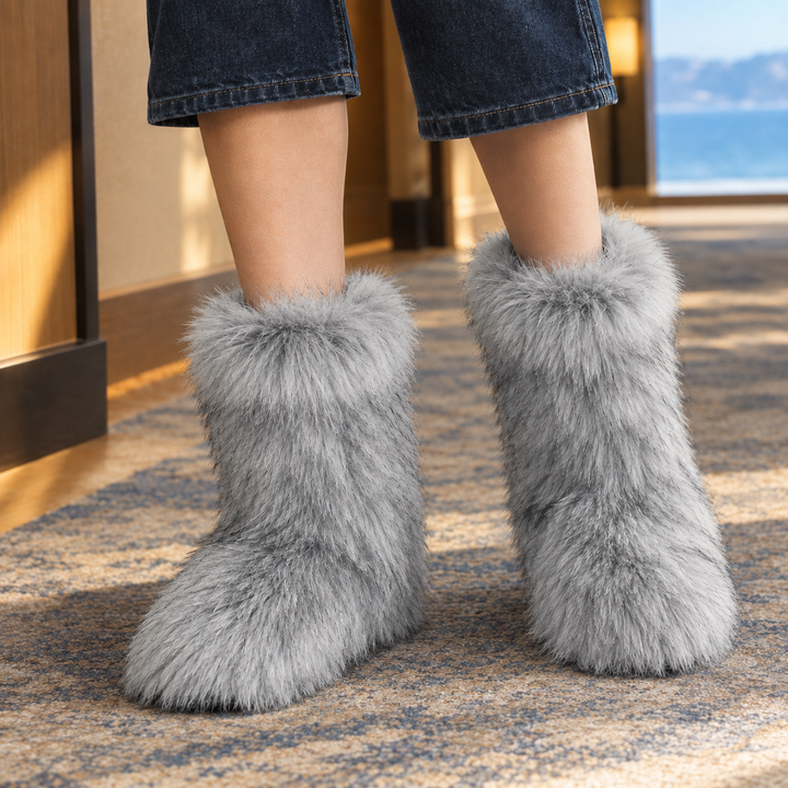 Buttermere women's fluffy plush mid-calf boots in Light Grey – front view