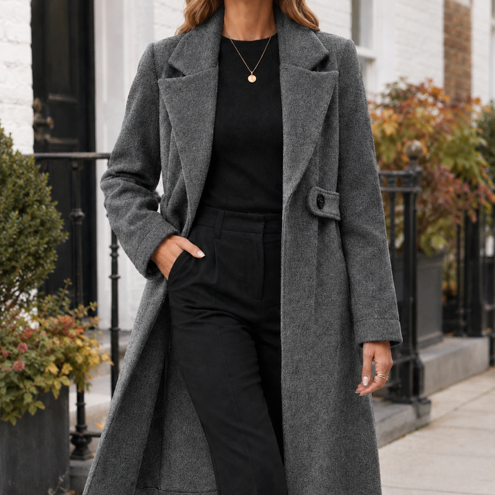 Strathearn women's longline coat in Charcoal – front view
