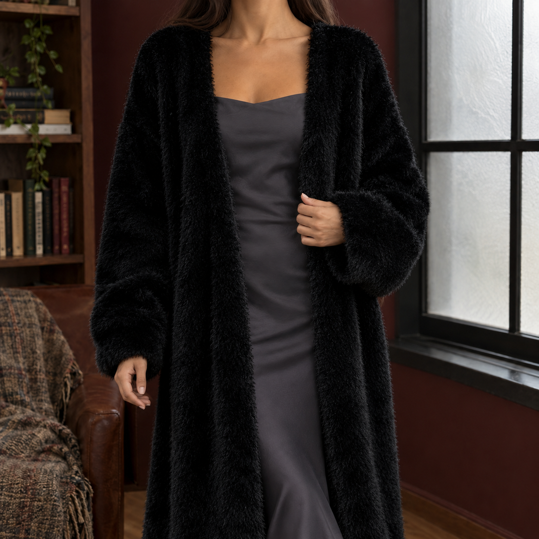 Women's Plush Longline Open-Front Cardigan – Allegra – Black – front view