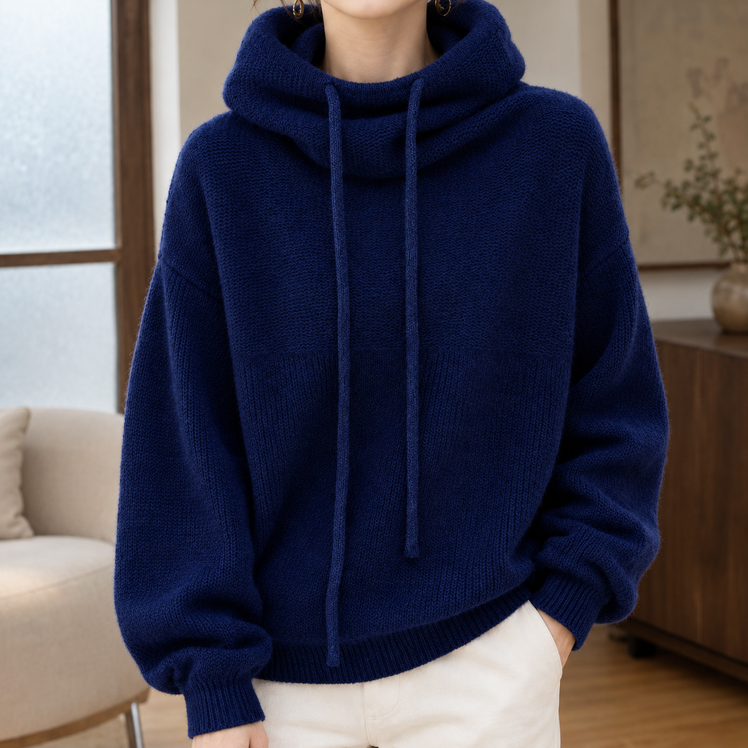 Women's Oversized Cowl Neck Knitted Hoodie with Drawstrings – Edna – Navy – front view