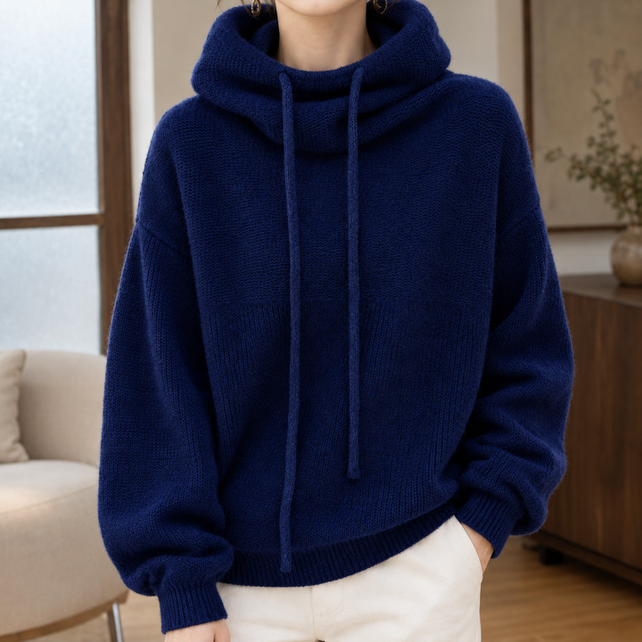 Women's Oversized Cowl Neck Knitted Hoodie with Drawstrings – Edna – Navy – front view