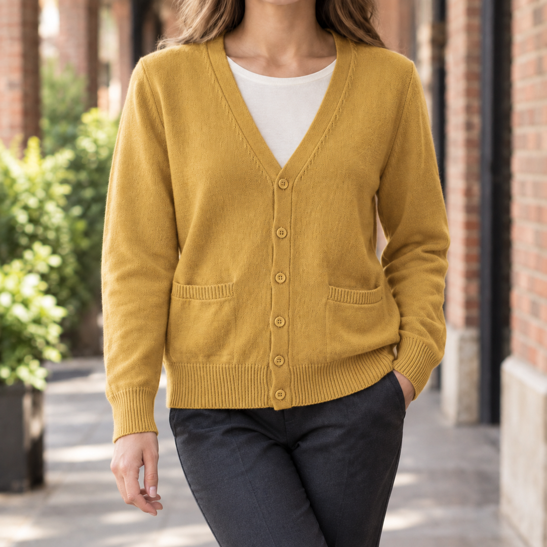 Eluned - Women's V-neck cardigan in Mustard – front view