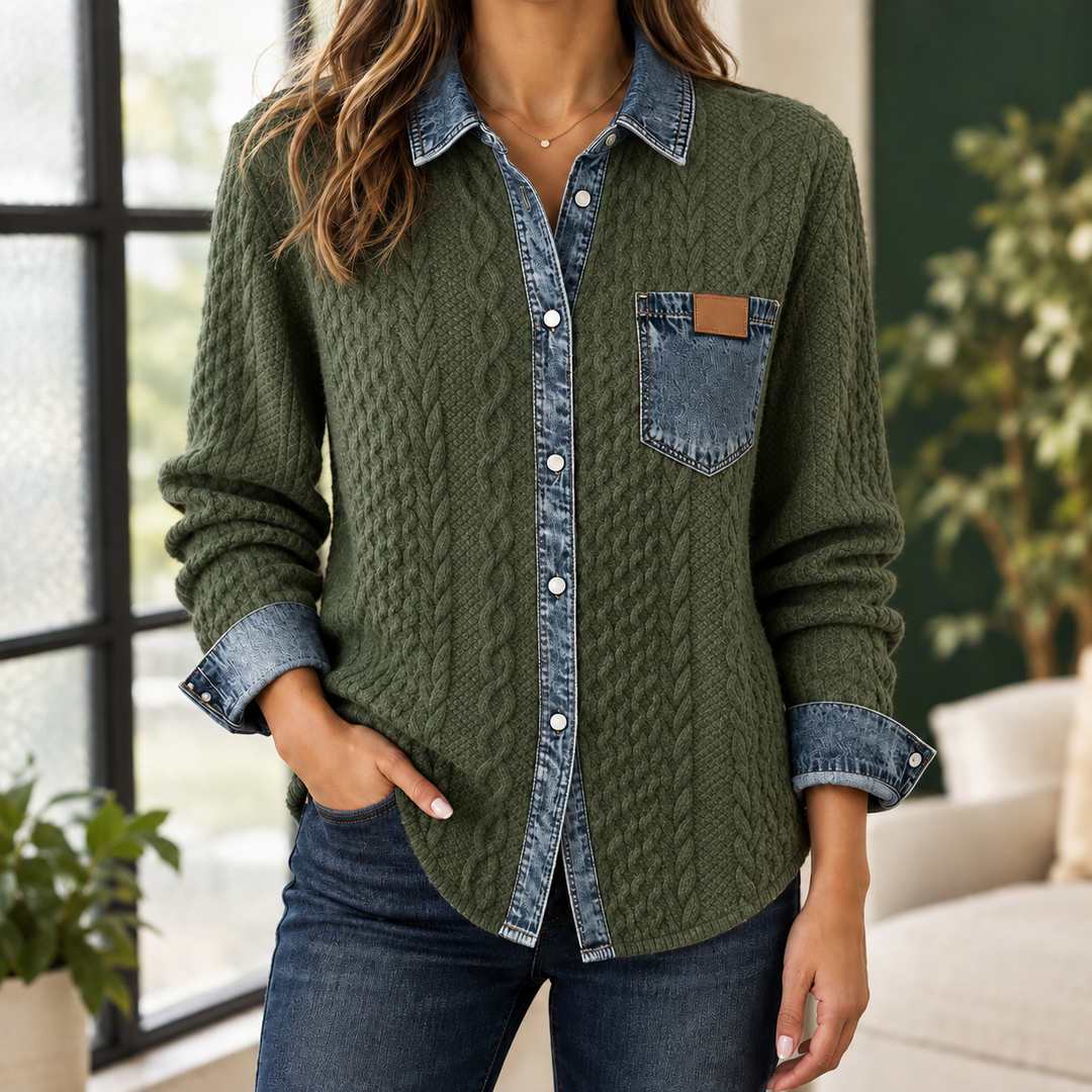 Women's Cable Knit Shacket with Denim Trim Sunniva – Khaki Green – front