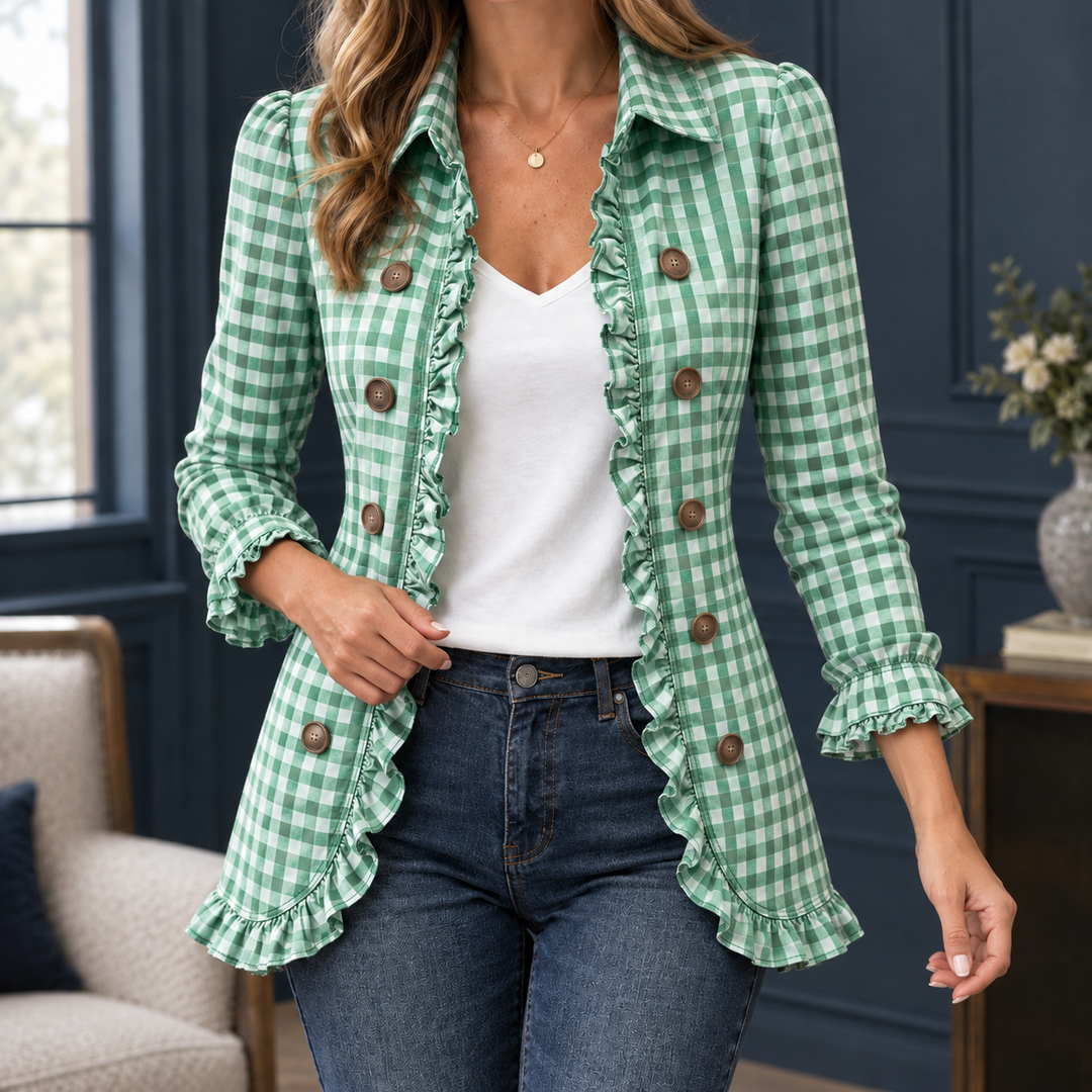 Women's Gingham Ruffle-Trim Longline Jacket Laurel – Green Check – front