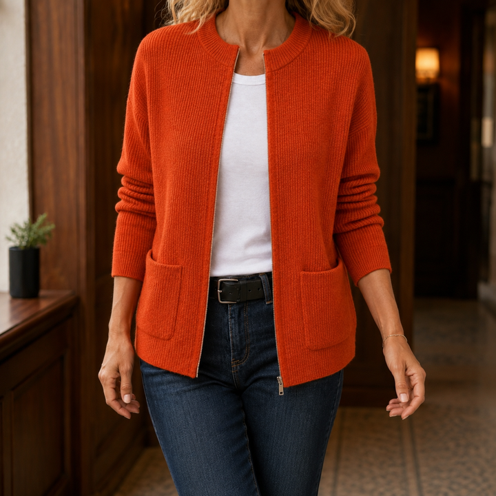 Aldith - Women's zip-through cardigan in Orange – front view