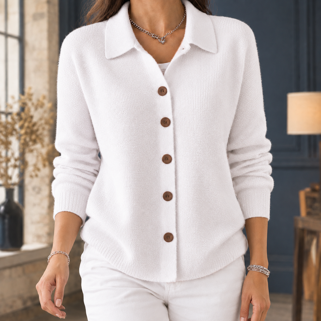 Women's wool collared cardigan Annis in White – front view