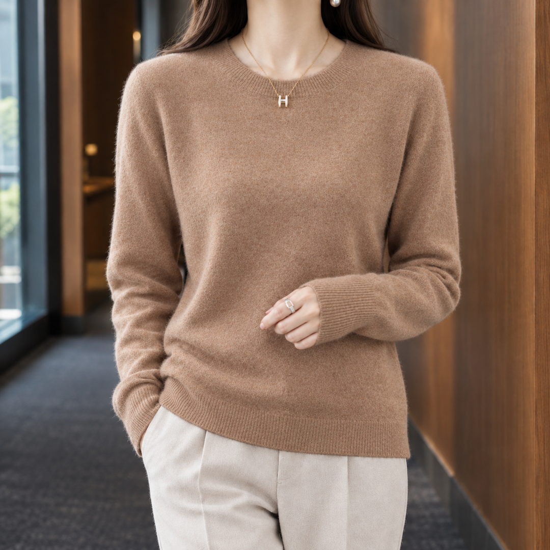 Women's wool crew neck jumper Kathleen in Tan – product view