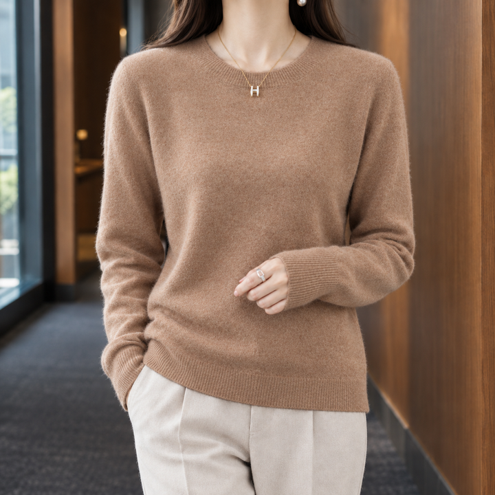 Women's wool crew neck jumper Kathleen in Tan – product view