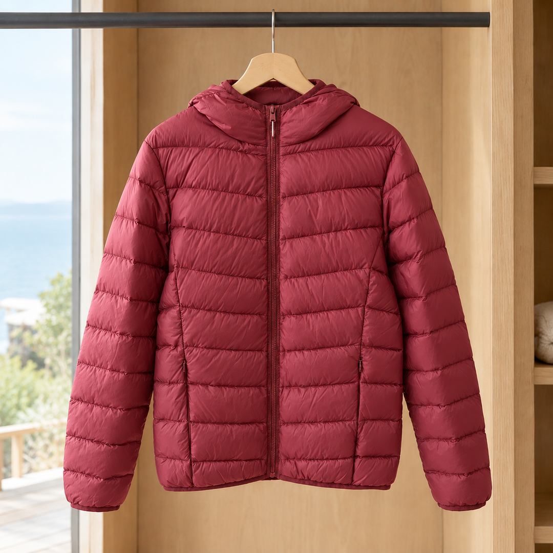 Rothbury women's hooded puffer jacket in Burgundy – front view