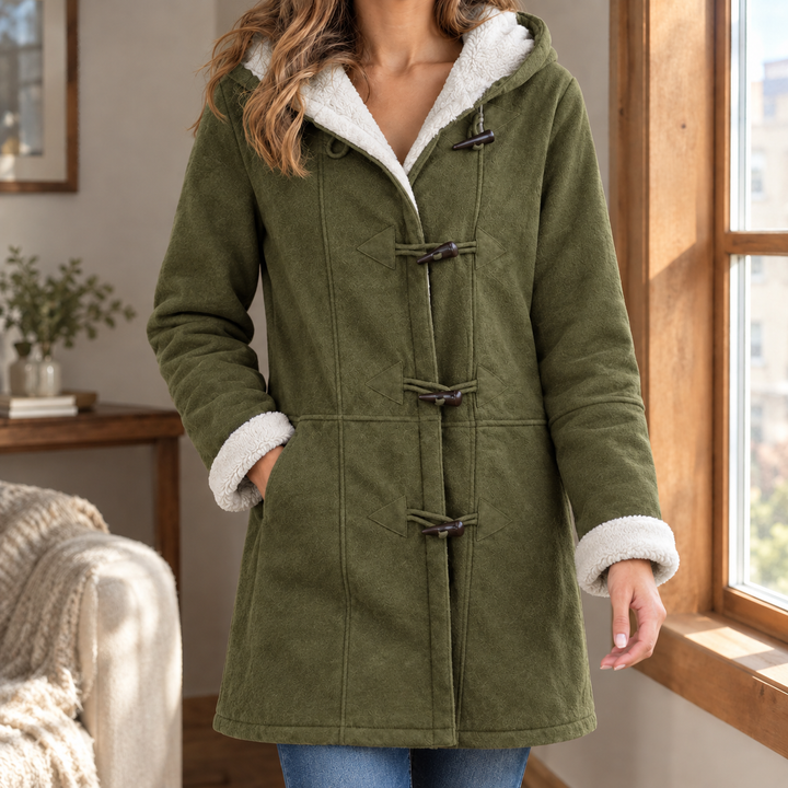 Selkirk women's duffle coat in Olive – front view
