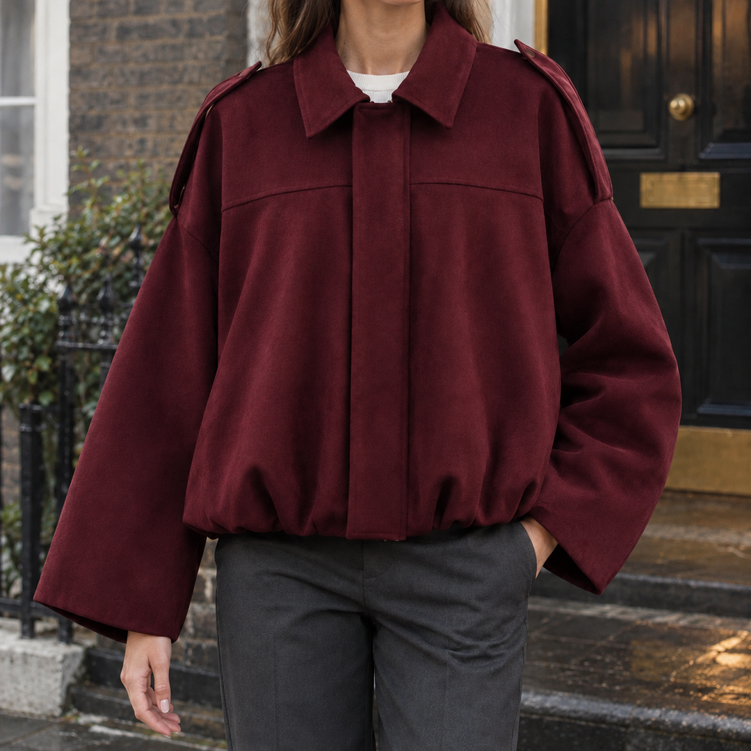 Lynton - Women's suede-effect bomber jacket in Burgundy – front view