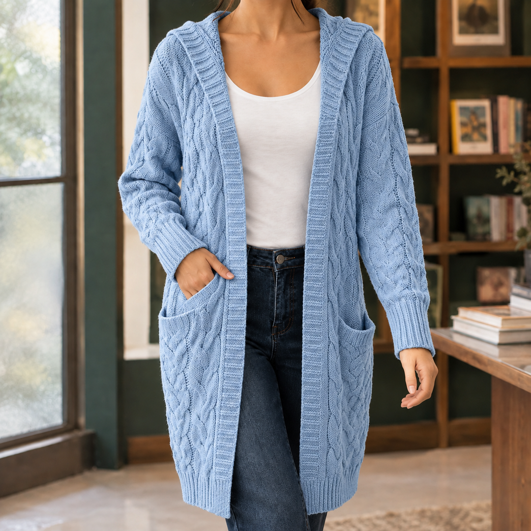Women's Longline Hooded Cable Knit Cardigan – Merryn – Sky Blue – front view