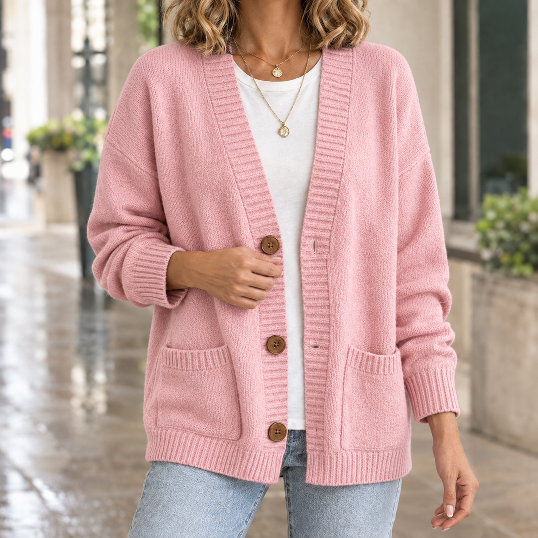 Women's v-neck pocket cardigan Beryl in Pink – front view