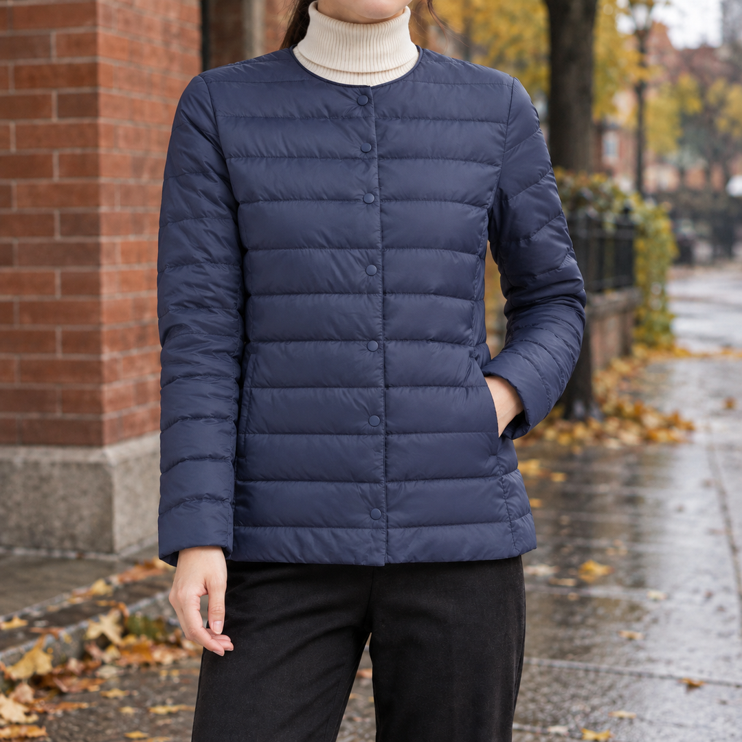 Pitlochry women's collarless quilted jacket in Navy – front view