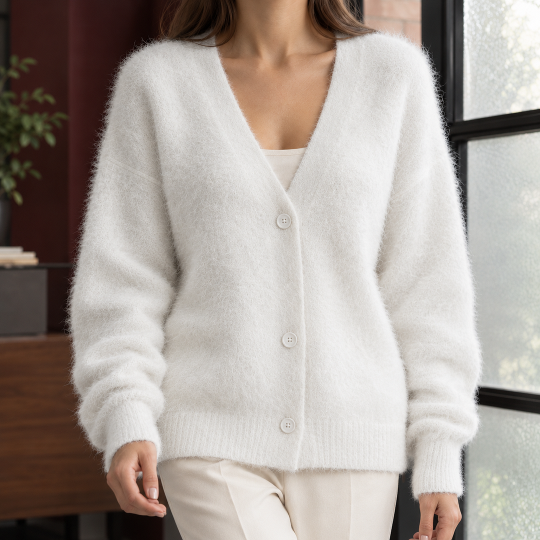 Women's Oversized Fluffy Wool-Blend V-Neck Cardigan – Georgette – White – front view