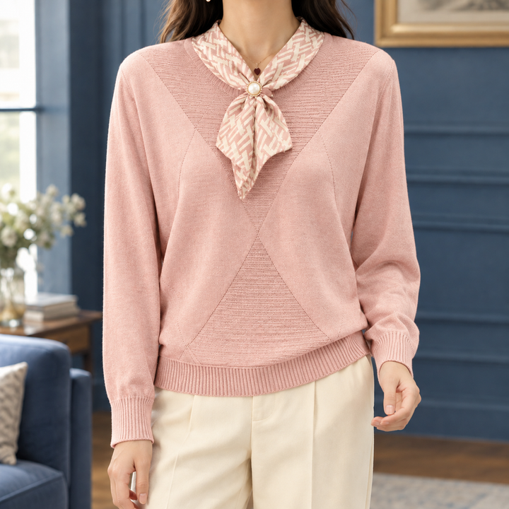 Women's Fine Knit Jumper with Scarf Neck Tie – Marcelle – Pink – front view