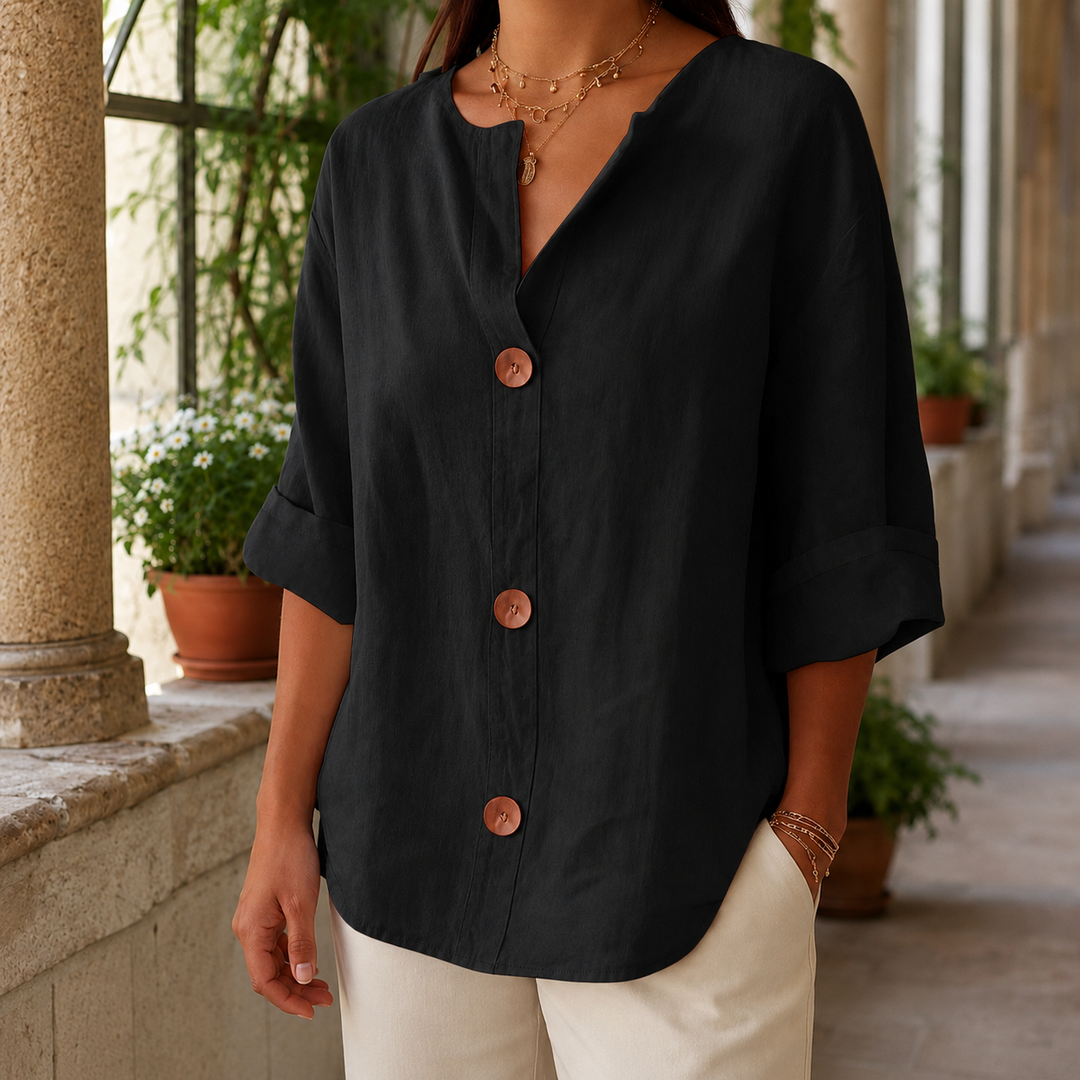 Women's Relaxed V-Neck Three-Quarter Sleeve Shirt Valencia – Black – front