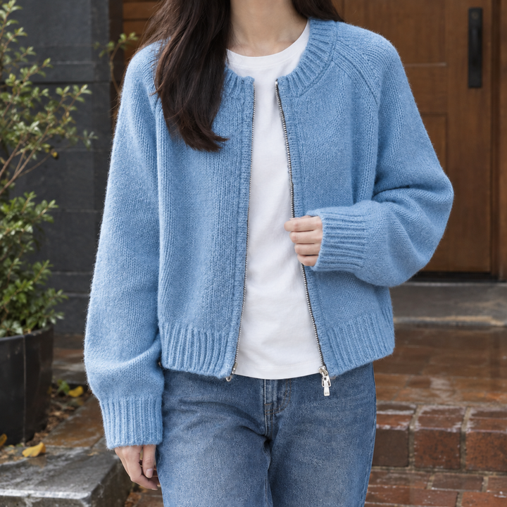 Women's Cropped Chunky Knit Zip-Up Cardigan – Sioned – Sky Blue – front view
