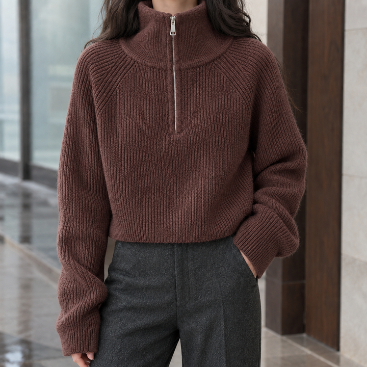 Women's Cropped Ribbed Half-Zip Jumper – Tegwen – Chocolate – front view