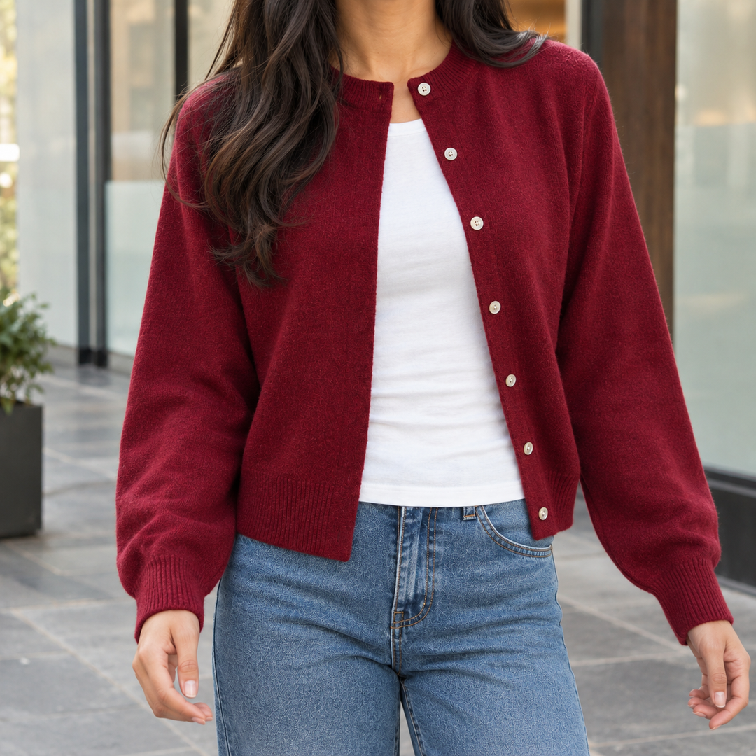 Kerensa - Women's crew neck cardigan in Red – front view