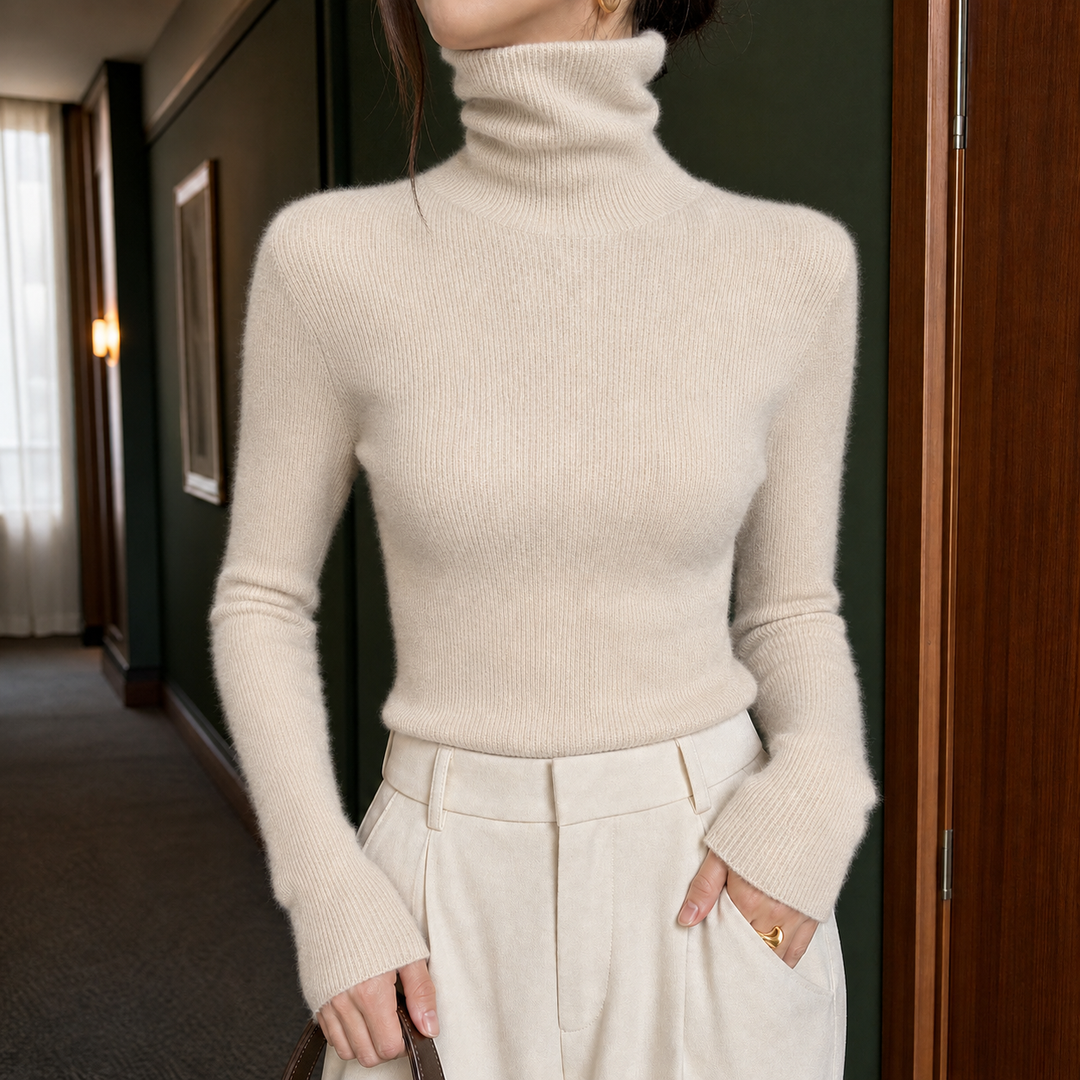 Women's Slim Fit Fine Ribbed Roll Neck Jumper – Sigrid – Oatmeal – front view