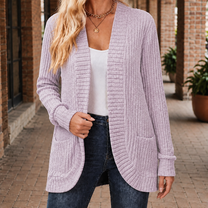 Women's Ribbed Open-Front Cardigan with Pockets – Angharad – Lilac – front view