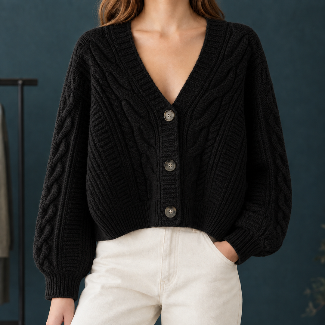 Women's Cropped Cable Knit V-Neck Cardigan – Branwen – Black – front view