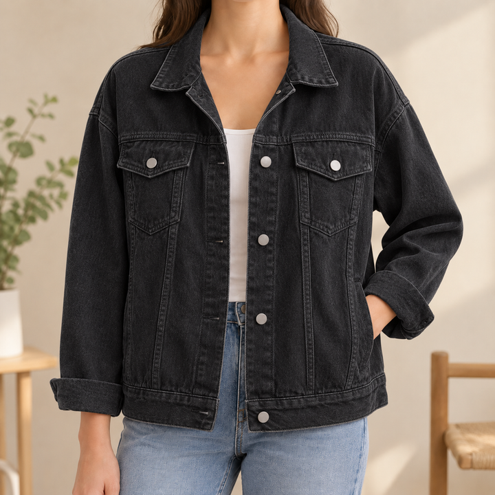 Women's Relaxed Denim Jacket with Four Pockets Tamsyn – Black – front