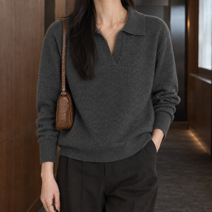 Women's Relaxed Polo Collar Knit Jumper – Selma – Charcoal – front view