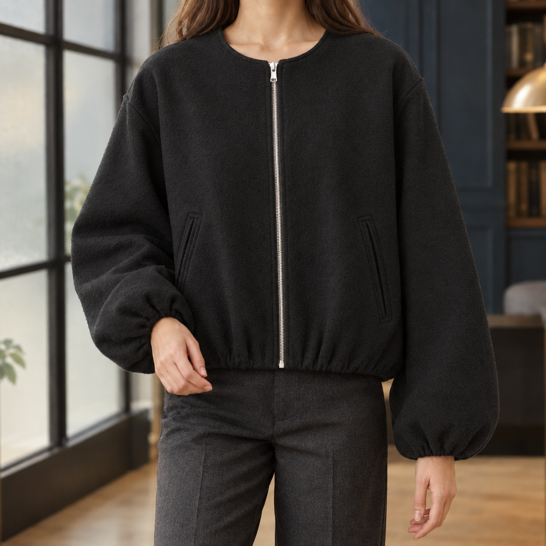 Shoreditch women's balloon sleeve jacket in Black – front view
