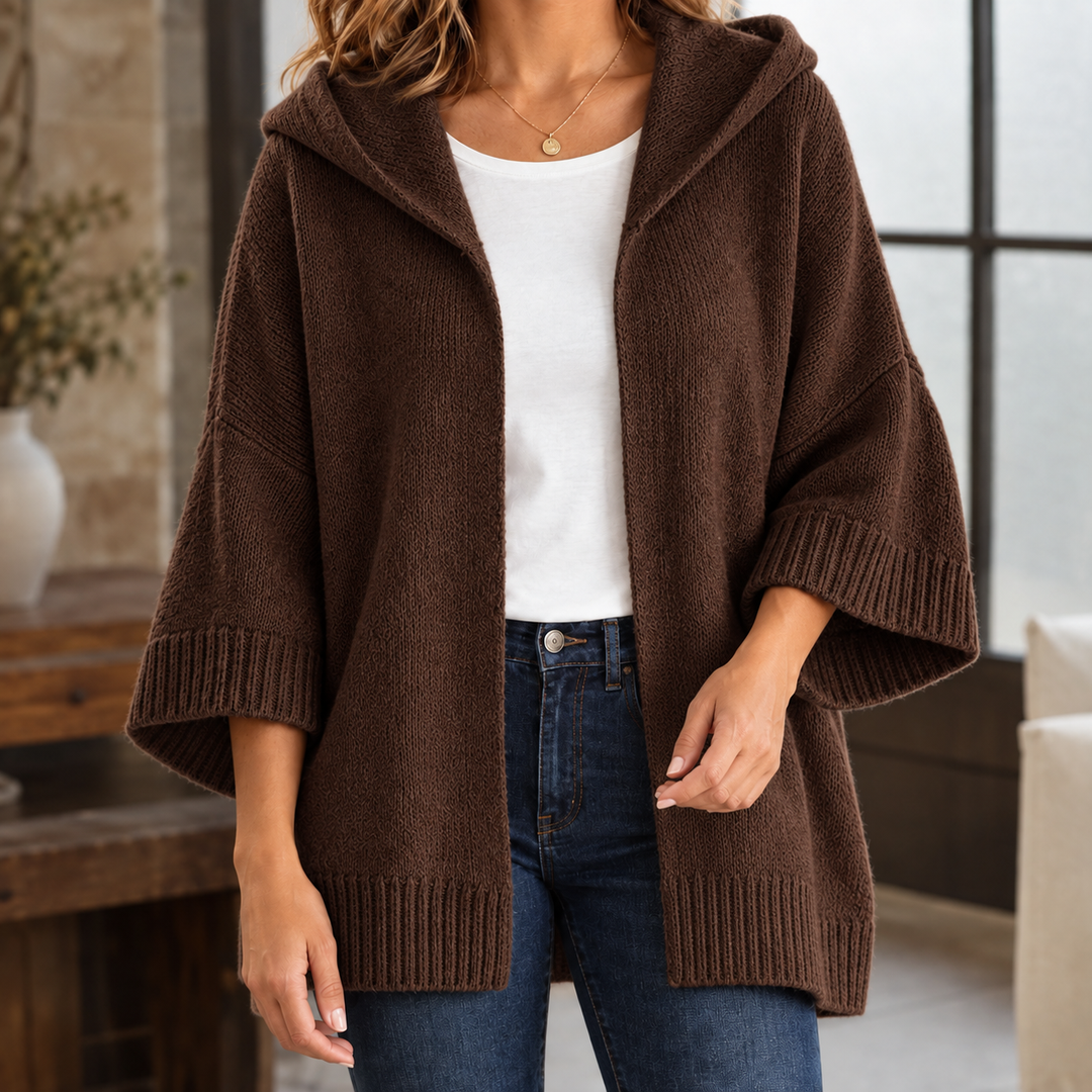 Brenna - Women's hooded knit cardigan in Brown – alternate view