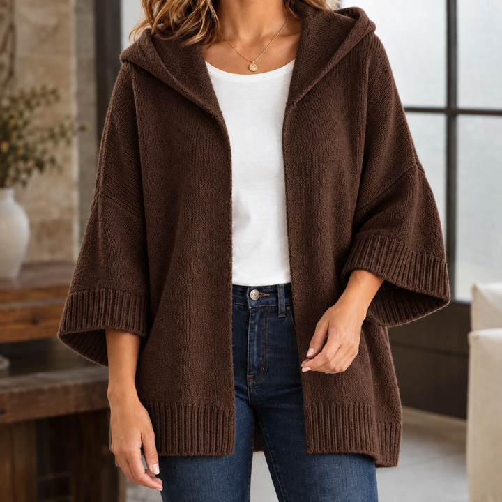 Brenna - Women's hooded knit cardigan in Brown – alternate view