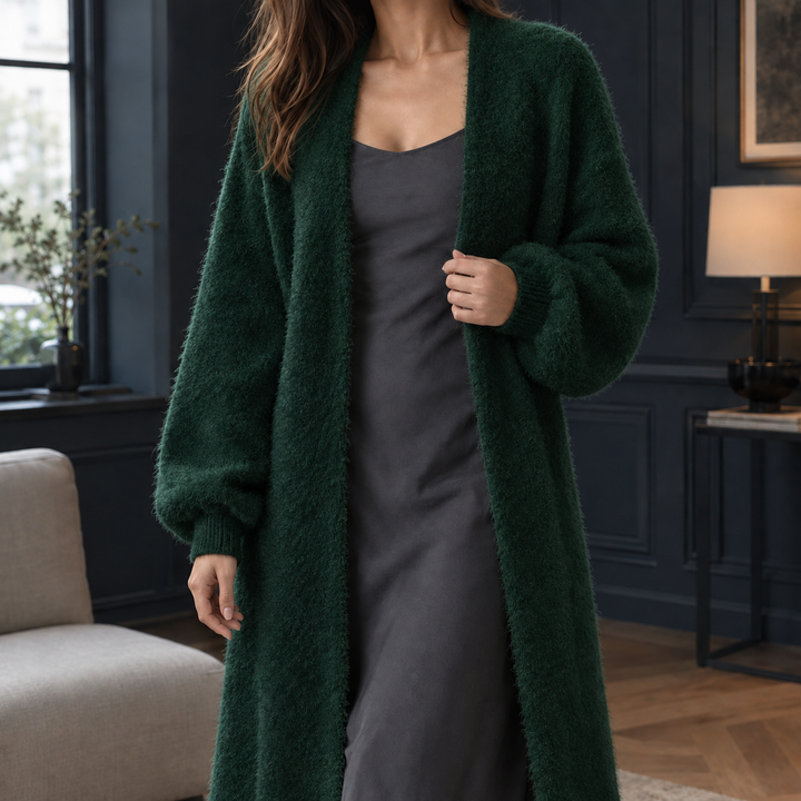 Melisende - Women's longline cardigan in Dark Green – front view