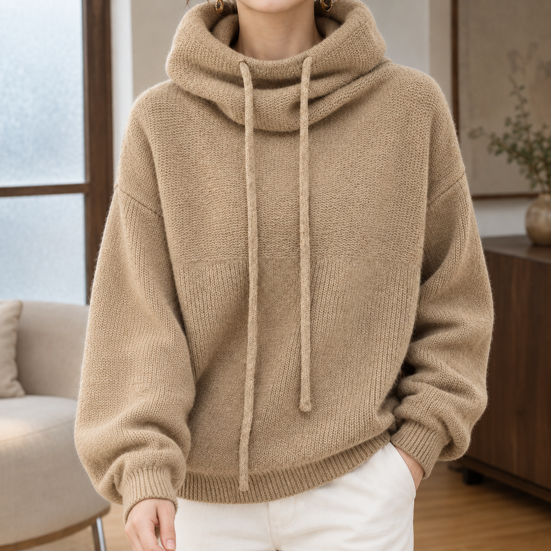 Women's Oversized Cowl Neck Knitted Hoodie with Drawstrings – Edna – Camel – front view
