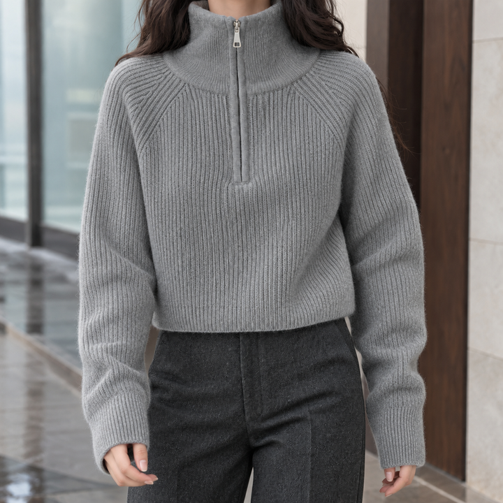 Women's Cropped Ribbed Half-Zip Jumper – Tegwen – Grey – front view